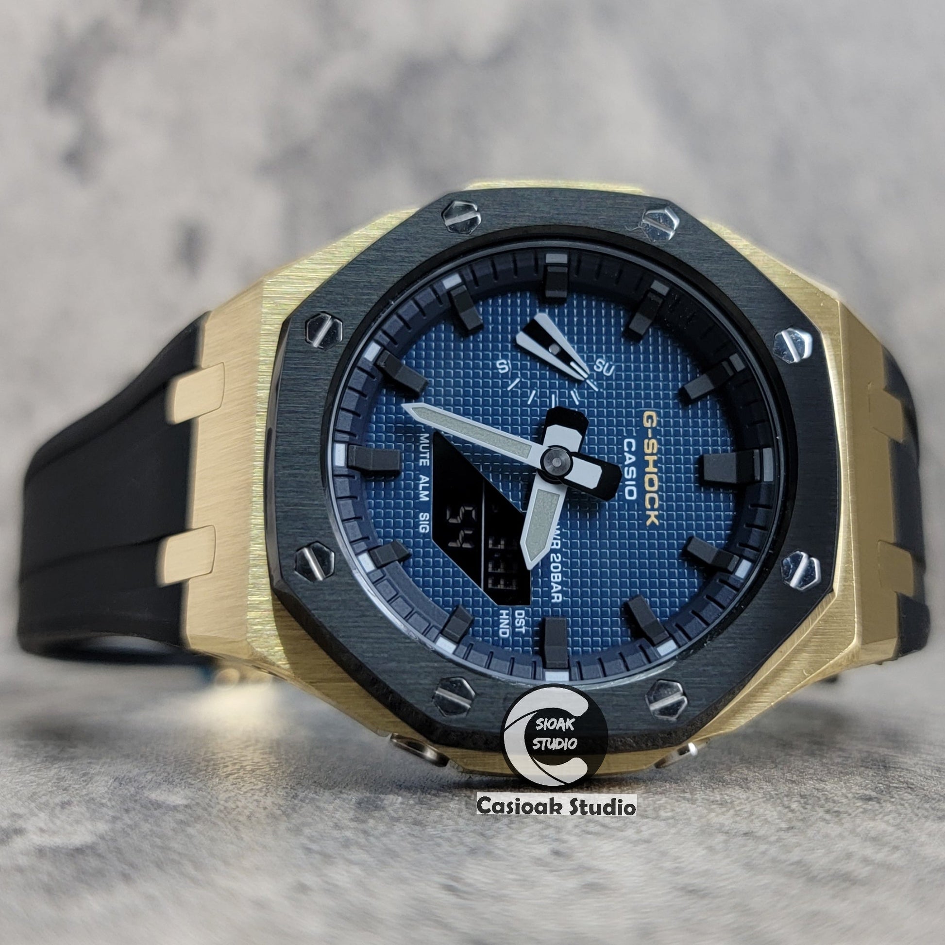 Casioak Mod Watch Gold Black Case Black Strap Blue Black Time Mark Blue Waffle Dial 44mm- Casioak Mod Casio G-Shock Royal Oak Custom Mens Luxury Watches Ga2100