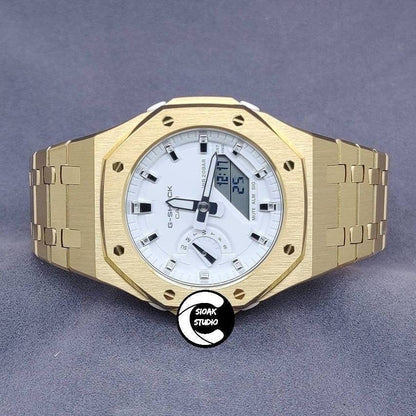 Casioak Mod Watch Gold Cas Metal Strap White Silver Time Mark White Dial 42mm- Casioak Mod Casio G-Shock Royal Oak Custom Mens Luxury Watches Ga2100