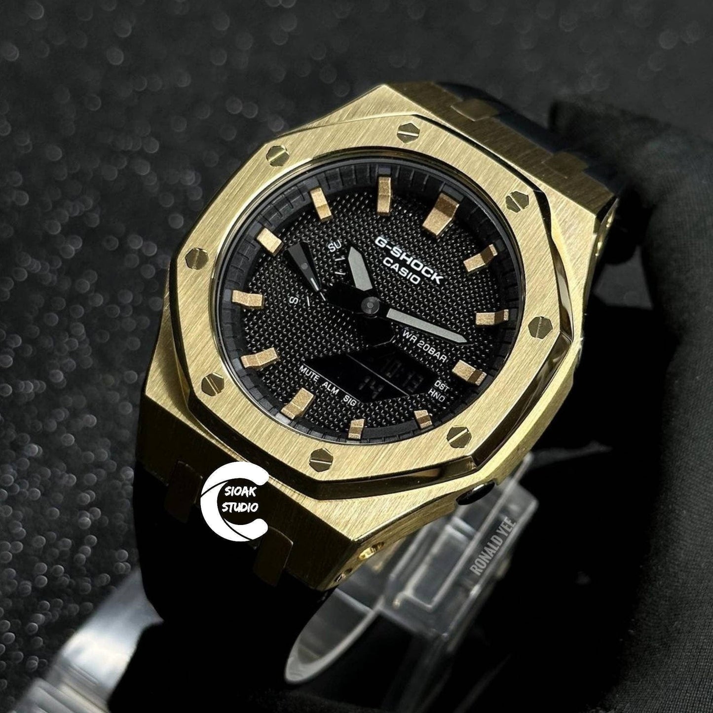 Casioak Mod Watch Gold Case Black Rubber Strap Black Gold Time Mark Black Dial 44mm- Casioak Mod Casio G-Shock Royal Oak Custom Mens Luxury Watches Ga2100