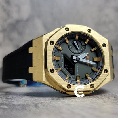 Casioak Mod Watch Gold Case Black Rubber Strap Black Gold Time Mark OIive Dial 44mm- Casioak Mod Casio G-Shock Royal Oak Custom Mens Luxury Watches Ga2100