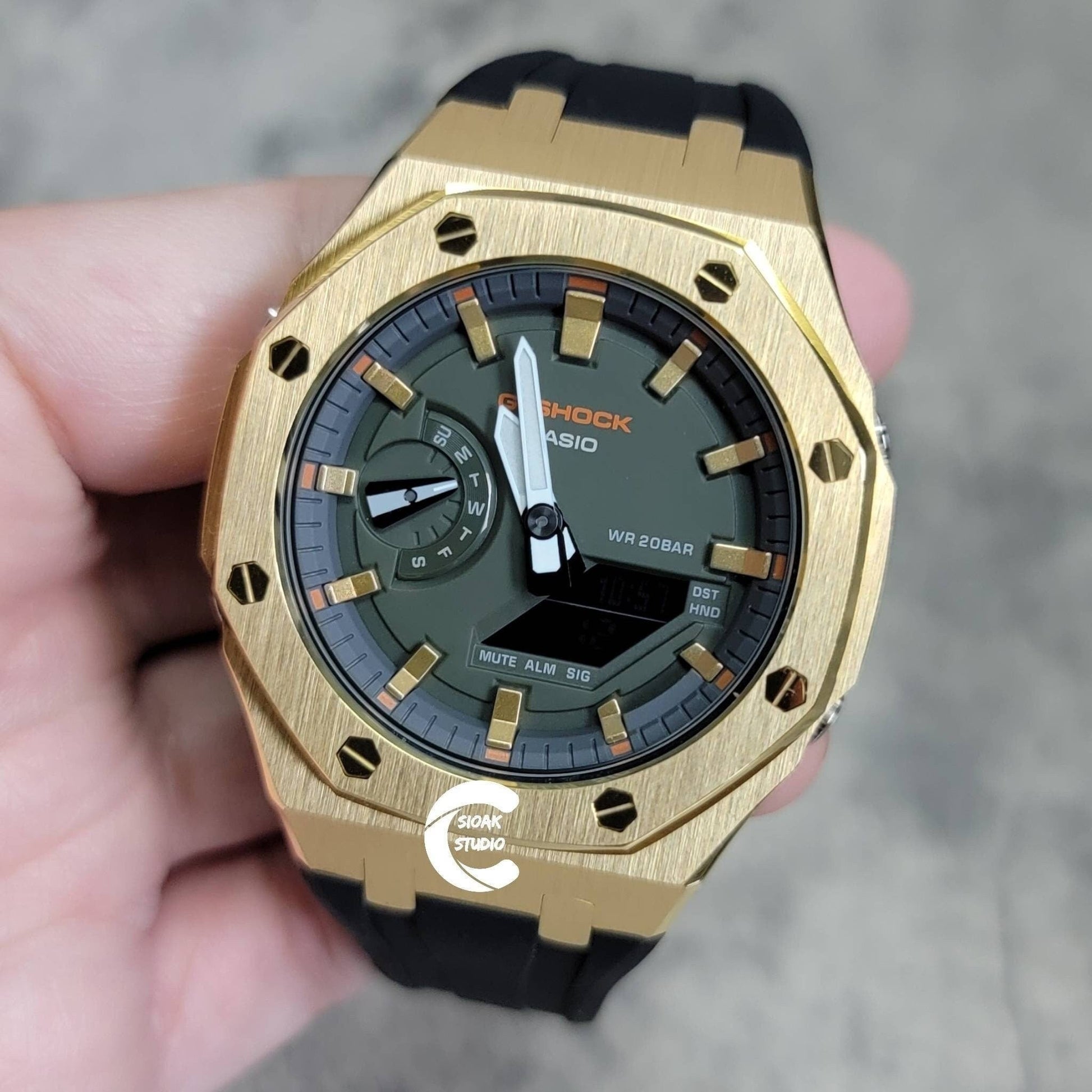 Casioak Mod Watch Gold Case Black Rubber Strap Black Gold Time Mark OIive Dial 44mm- Casioak Mod Casio G-Shock Royal Oak Custom Mens Luxury Watches Ga2100