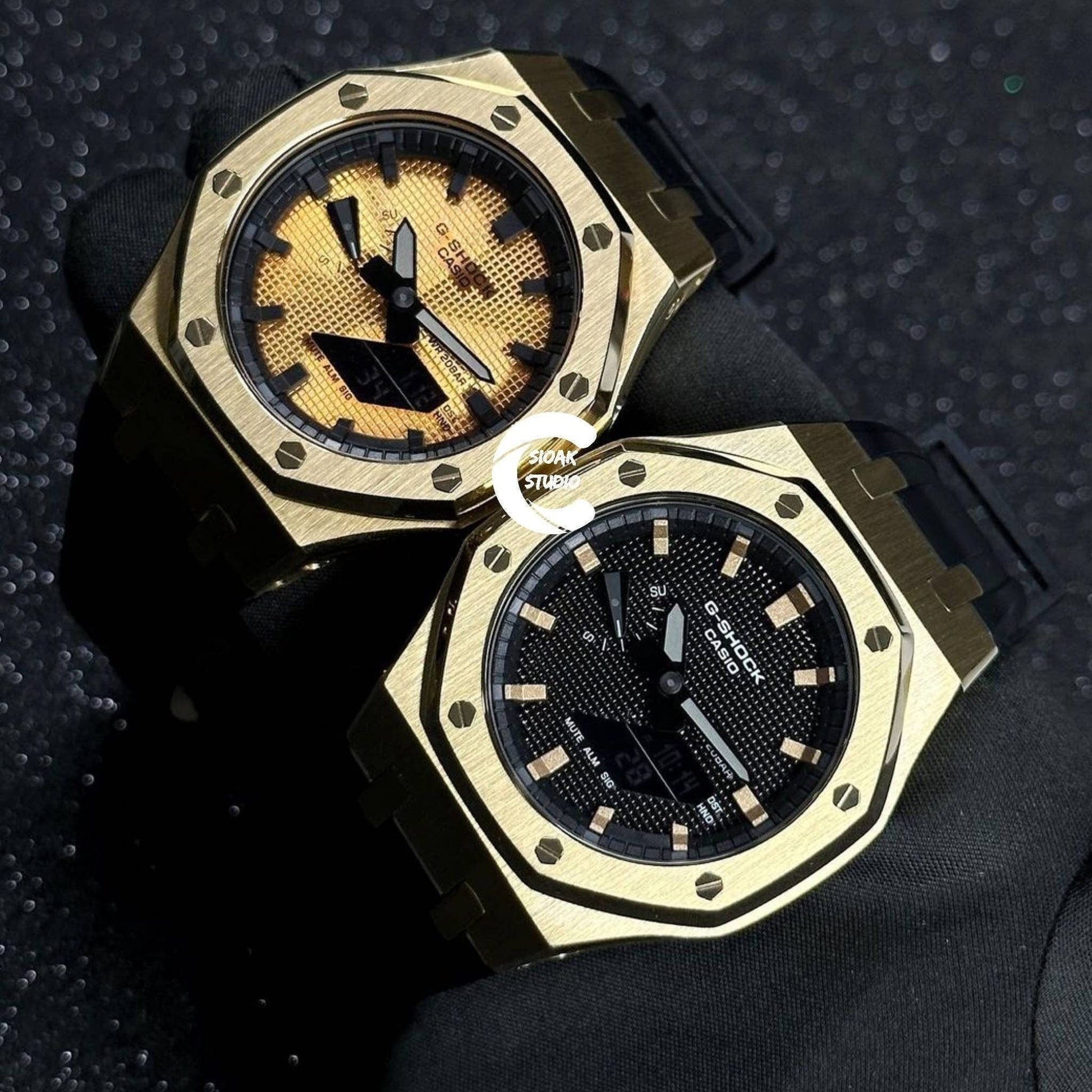 Casioak Mod Watch Gold Case Black Rubber Strap Black Time Mark Gold Dial 44mm- Casioak Mod Casio G-Shock Royal Oak Custom Mens Luxury Watches Ga2100