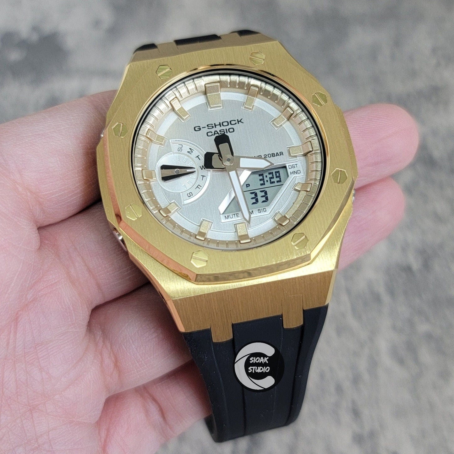 Casioak Mod Watch Gold Case Black Rubber Strap Gold Time Mark Silver Dial 44mm- Casioak Mod Casio G-Shock Royal Oak Custom Mens Luxury Watches Ga2100