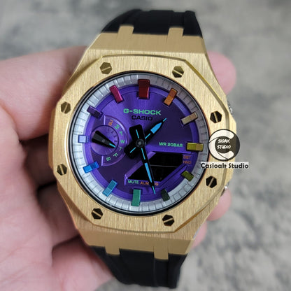 Casioak Mod Watch Gold Case Black Rubber Strap Silver Rainbow Time Mark Purple Dial 44mm- Casioak Mod Casio G-Shock Royal Oak Custom Mens Luxury Watches Ga2100