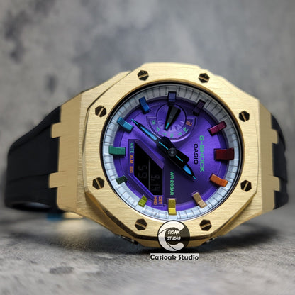 Casioak Mod Watch Gold Case Black Rubber Strap Silver Rainbow Time Mark Purple Dial 44mm- Casioak Mod Casio G-Shock Royal Oak Custom Mens Luxury Watches Ga2100