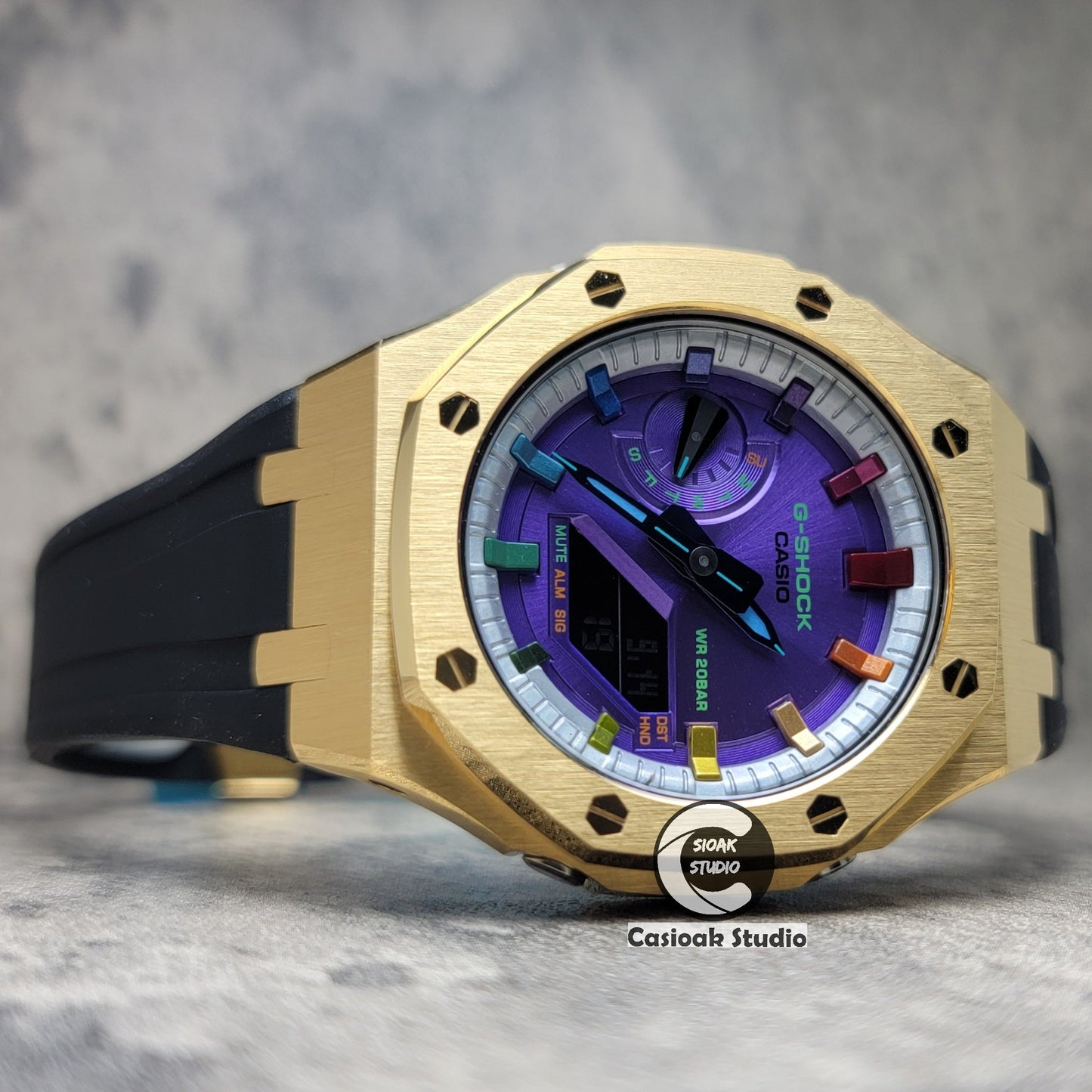 Casioak Mod Watch Gold Case Black Rubber Strap Silver Rainbow Time Mark Purple Dial 44mm- Casioak Mod Casio G-Shock Royal Oak Custom Mens Luxury Watches Ga2100