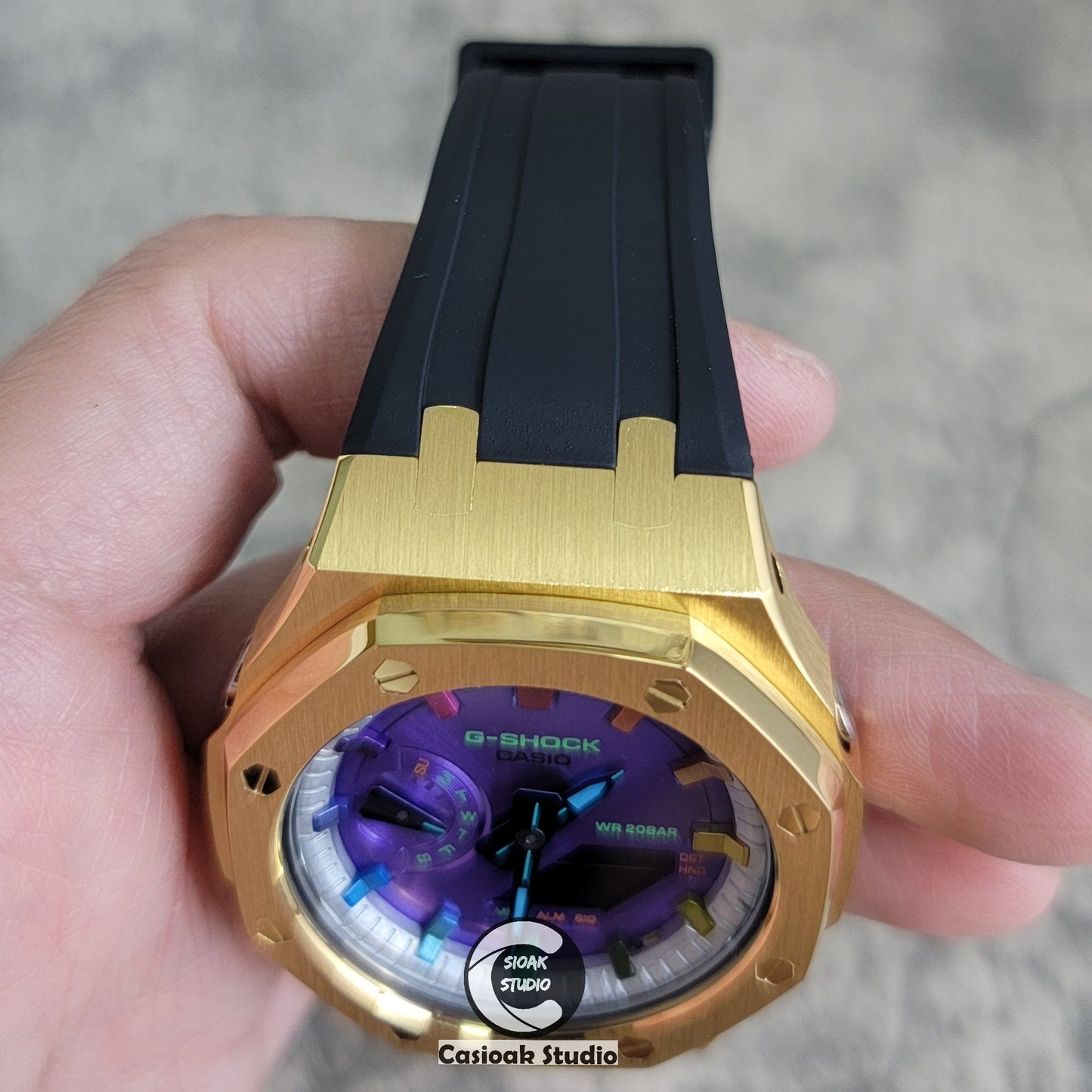 Casioak Mod Watch Gold Case Black Rubber Strap Silver Rainbow Time Mark Purple Dial 44mm- Casioak Mod Casio G-Shock Royal Oak Custom Mens Luxury Watches Ga2100