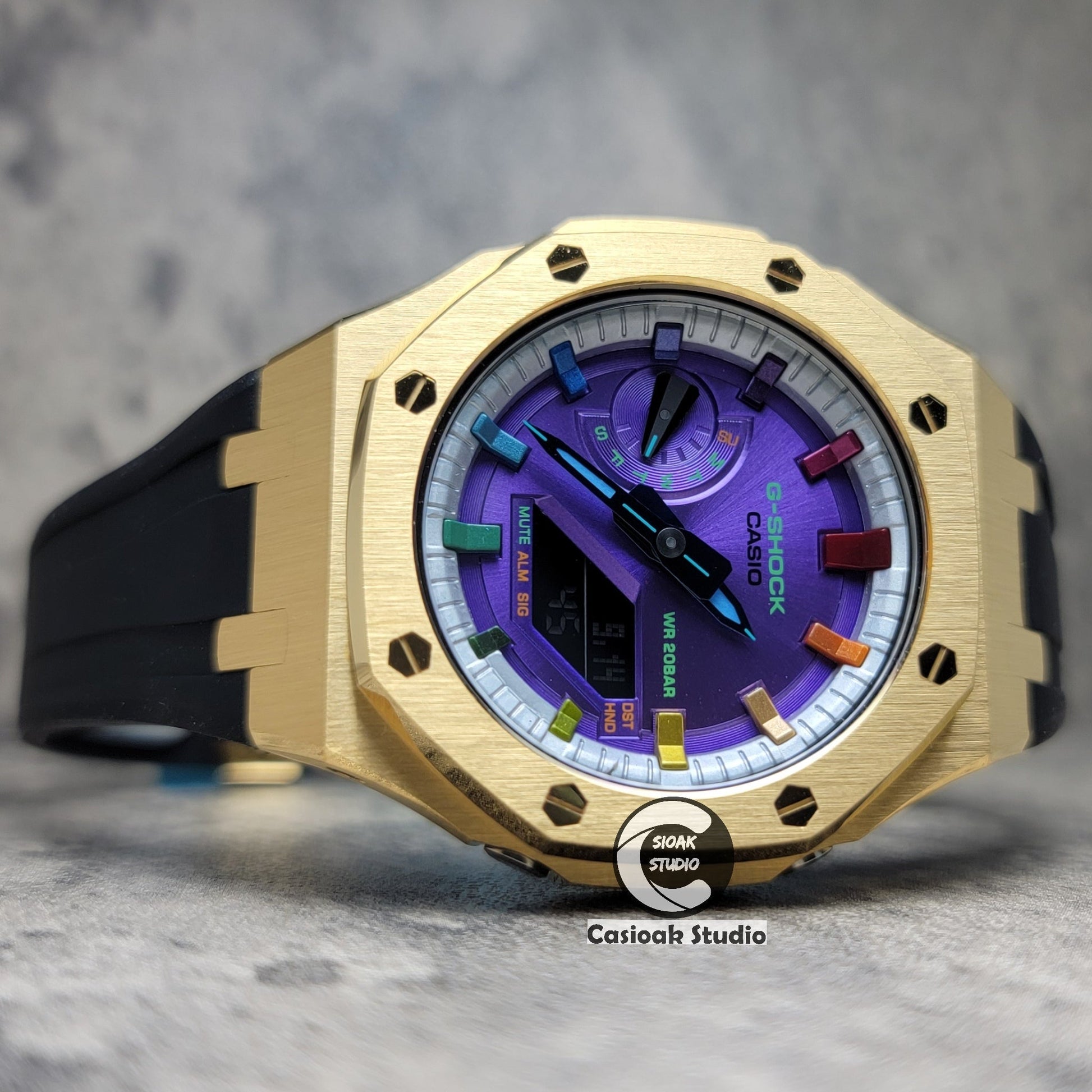 Casioak Mod Watch Gold Case Black Rubber Strap Silver Rainbow Time Mark Purple Dial 44mm- Casioak Mod Casio G-Shock Royal Oak Custom Mens Luxury Watches Ga2100