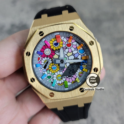 Casioak Mod Watch Gold Case Black Rubber Strap Strap Gray Rainbow Time Mark TAKASHI MURAKAM Dial 44mm- Casioak Mod Casio G-Shock Royal Oak Custom Mens Luxury Watches Ga2100