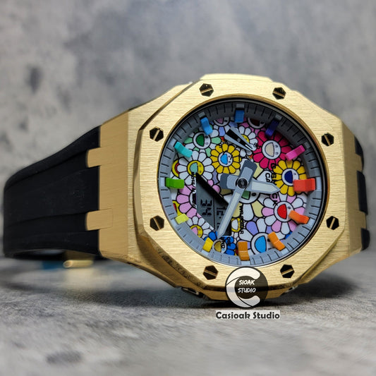 Casioak Mod Watch Gold Case Black Rubber Strap Strap Gray Rainbow Time Mark TAKASHI MURAKAM Dial 44mm- Casioak Mod Casio G-Shock Royal Oak Custom Mens Luxury Watches Ga2100