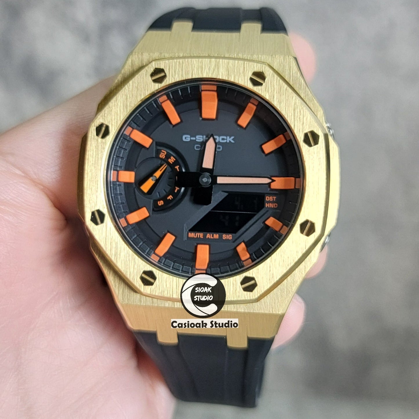 Casioak Mod Watch Gold Case Blackl Rubber Strap Black Orange Time Mark Black Dial 44mm- Casioak Mod Casio G-Shock Royal Oak Custom Mens Luxury Watches Ga2100