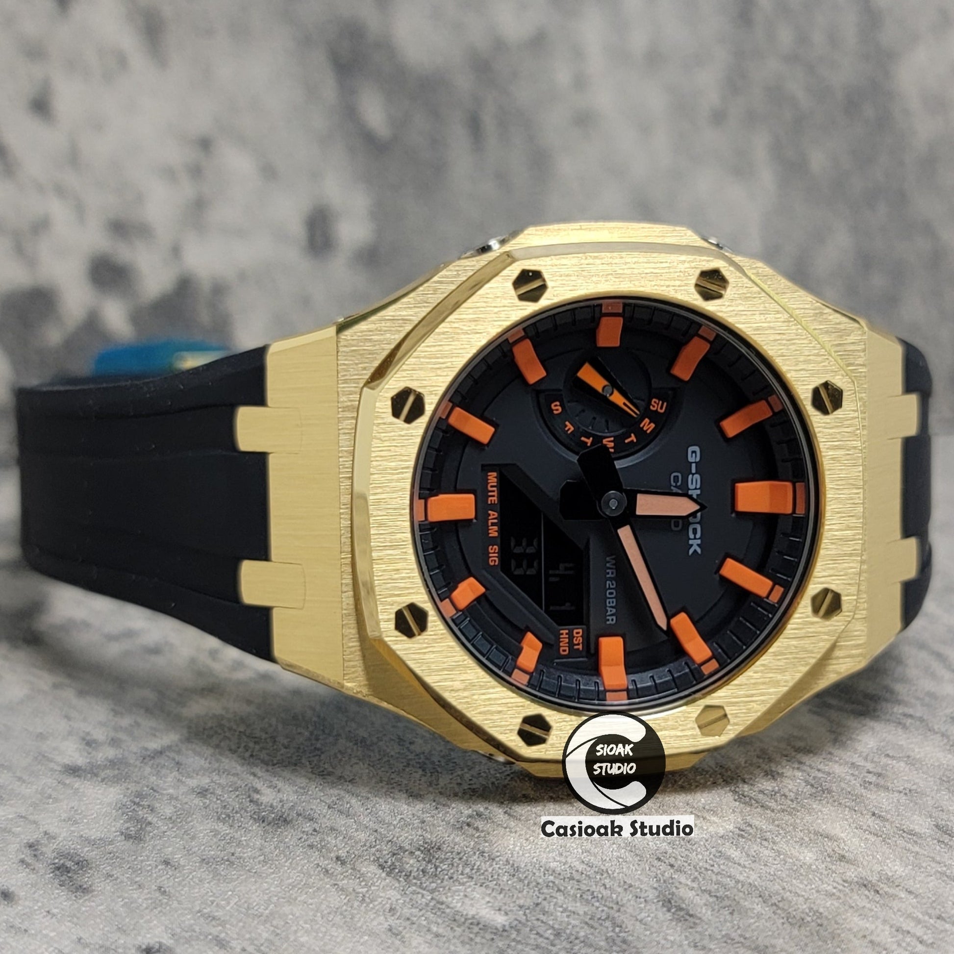 Casioak Mod Watch Gold Case Blackl Rubber Strap Black Orange Time Mark Black Dial 44mm- Casioak Mod Casio G-Shock Royal Oak Custom Mens Luxury Watches Ga2100