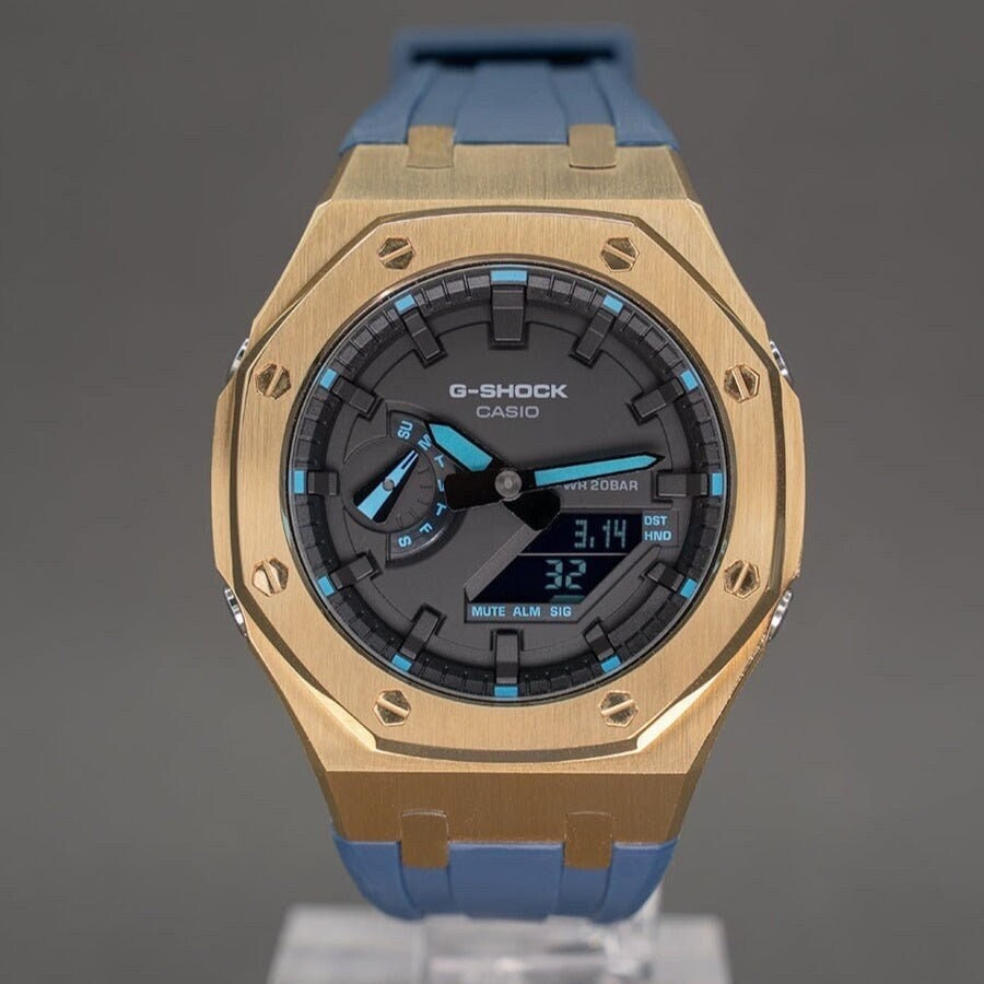 Casioak Mod Watch Gold Case Blue Rubber Strap Black Time Mark Black Dial 44mm Blue- Casioak Mod Casio G-Shock Royal Oak Custom Mens Luxury Watches Ga2100