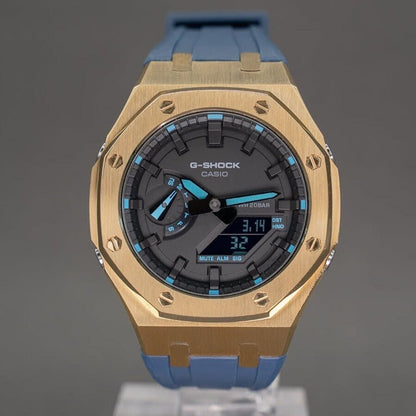 Casioak Mod Watch Gold Case Blue Rubber Strap Black Time Mark Black Dial 44mm Blue- Casioak Mod Casio G-Shock Royal Oak Custom Mens Luxury Watches Ga2100