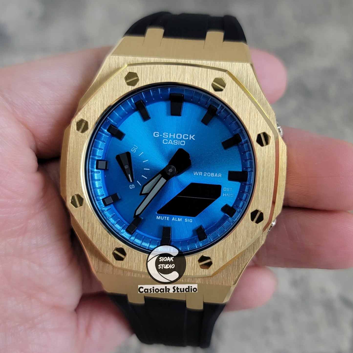 Casioak Mod Watch Gold Case Blue Rubber Strap Blue Black Time Mark Blue Dial 44mm- Casioak Mod Casio G-Shock Royal Oak Custom Mens Luxury Watches Ga2100