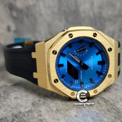 Casioak Mod Watch Gold Case Blue Rubber Strap Blue Black Time Mark Blue Dial 44mm- Casioak Mod Casio G-Shock Royal Oak Custom Mens Luxury Watches Ga2100