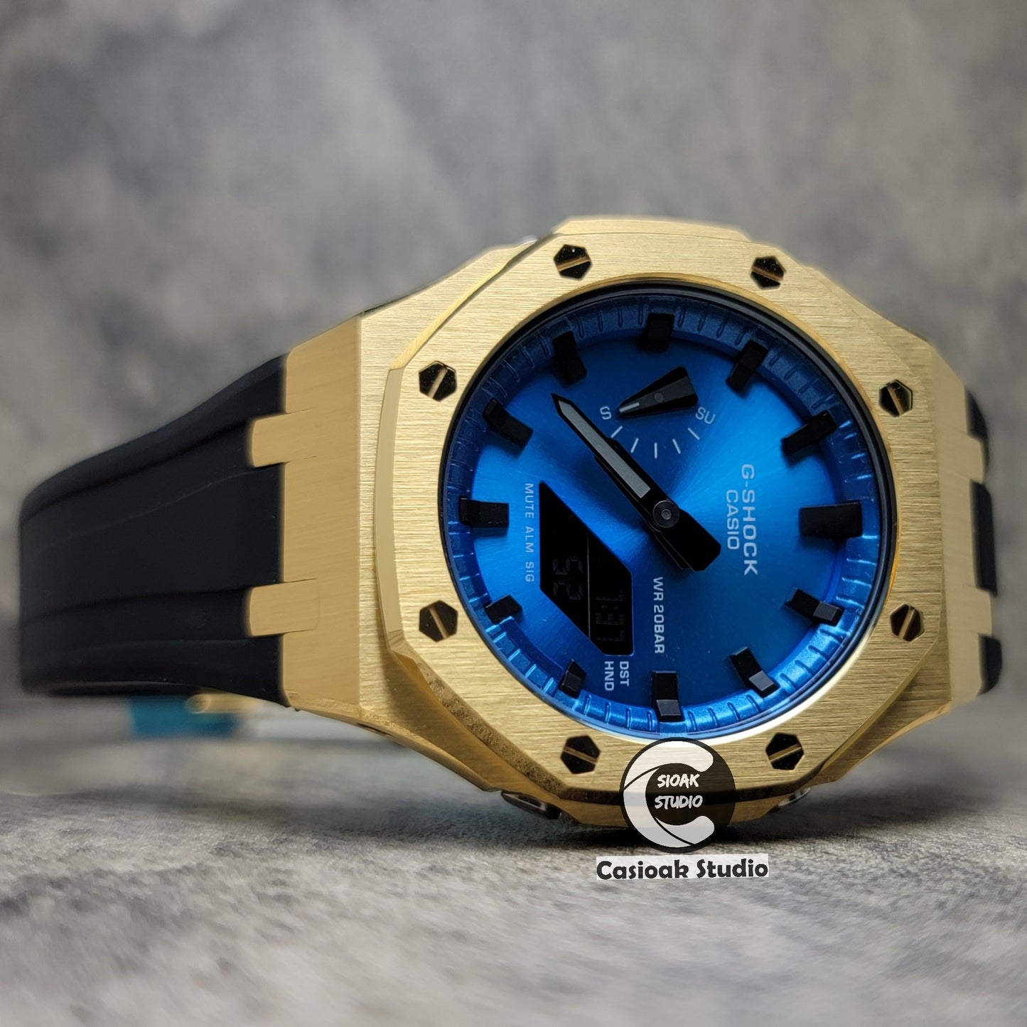 Casioak Mod Watch Gold Case Blue Rubber Strap Blue Black Time Mark Blue Dial 44mm- Casioak Mod Casio G-Shock Royal Oak Custom Mens Luxury Watches Ga2100