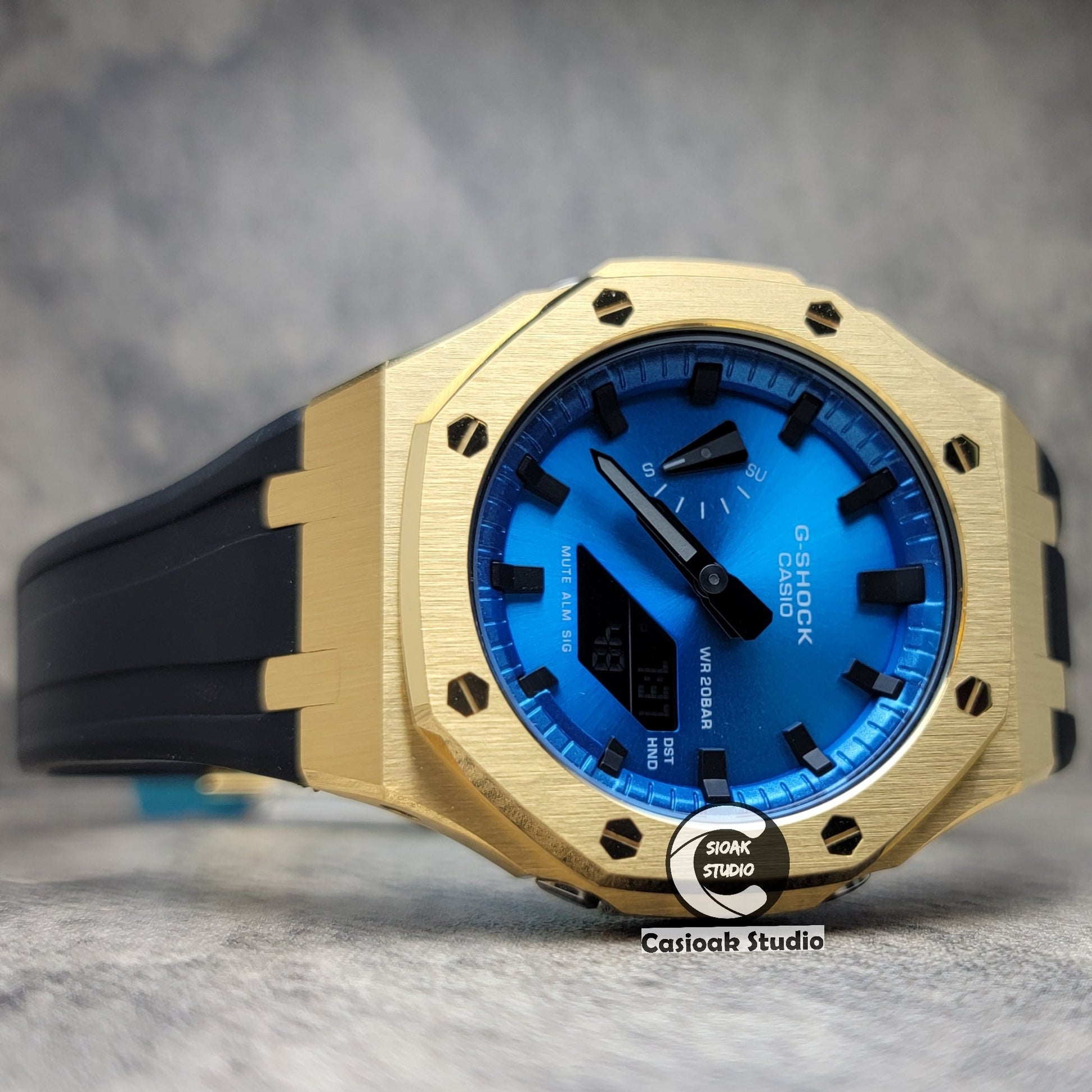 Casioak Mod Watch Gold Case Blue Rubber Strap Blue Black Time Mark Blue Dial 44mm- Casioak Mod Casio G-Shock Royal Oak Custom Mens Luxury Watches Ga2100