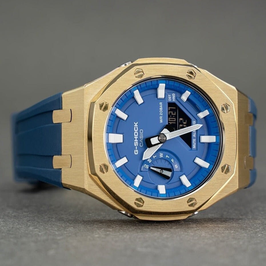 Casioak Mod Watch Gold Case Blue Rubber Strap Blue White Time Mark Blue Dial 44mm- Casioak Mod Casio G-Shock Royal Oak Custom Mens Luxury Watches Ga2100