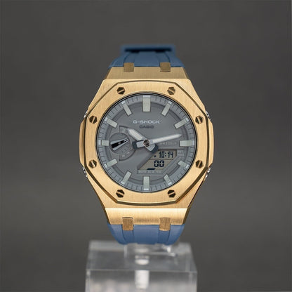 Casioak Mod Watch Gold Case Blue Rubber Strap Gray Luminous Time Mark Gray Dial 44mm- Casioak Mod Casio G-Shock Royal Oak Custom Mens Luxury Watches Ga2100