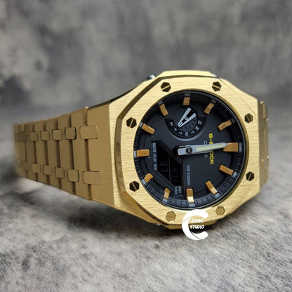 Casioak Mod Watch Gold Case Metal Strap Black Bronze Time Mark Black Dial 44mm- Casioak Mod Casio G-Shock Royal Oak Custom Mens Luxury Watches Ga2100