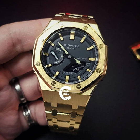 Casioak Mod Watch Gold Case Metal Strap Black Gold Time Mark Black Dial 44mm- Casioak Mod Casio G-Shock Royal Oak Custom Mens Luxury Watches Ga2100