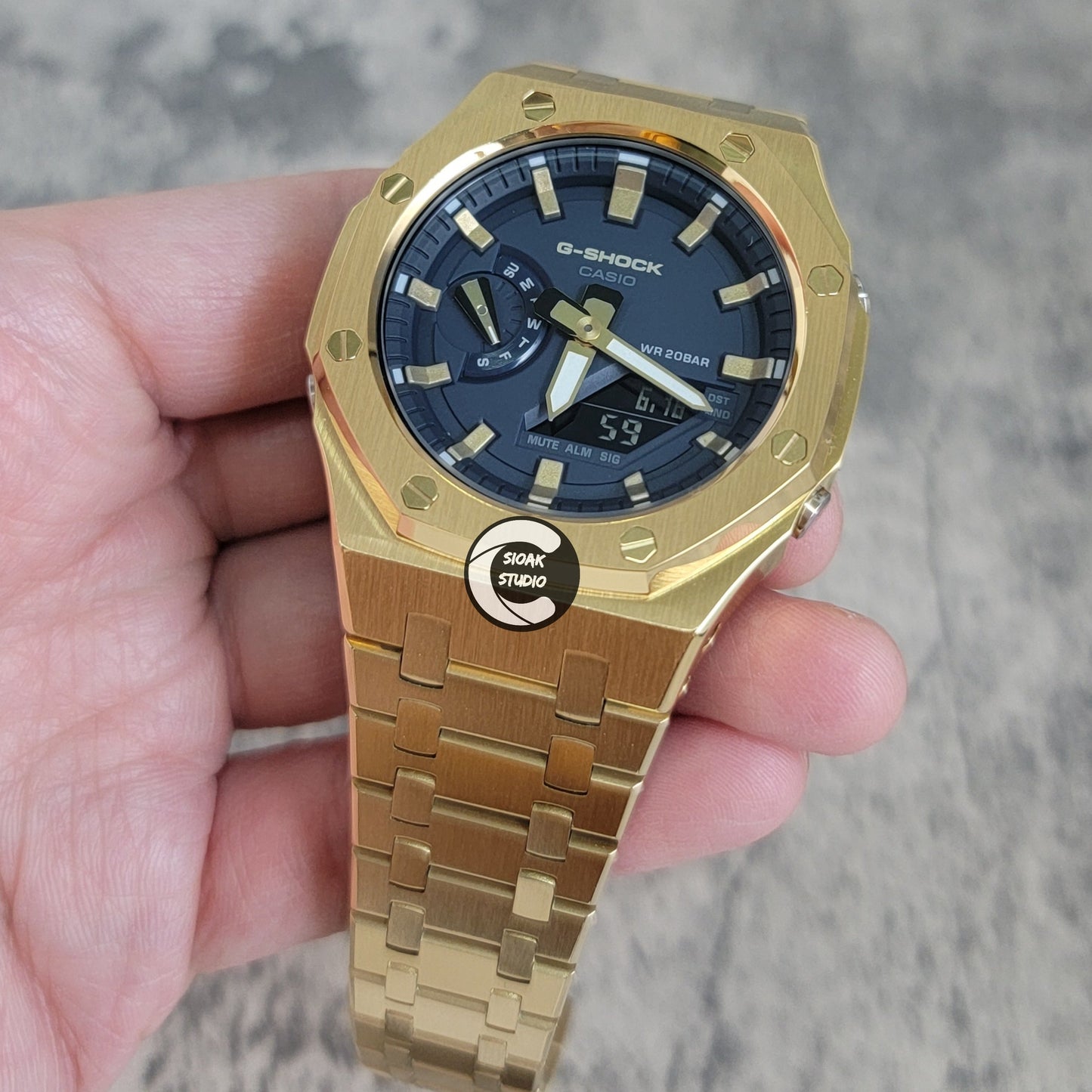 Casioak Mod Watch Gold Case Metal Strap Black Gold Time Mark Blue Dial 44mm- Casioak Mod Casio G-Shock Royal Oak Custom Mens Luxury Watches Ga2100