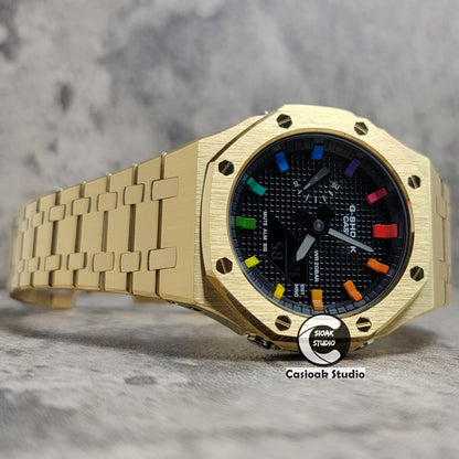 Casioak Mod Watch Gold Case Metal Strap Black Rainbow Time Mark Black Waffle Dial 44mm- Casioak Mod Casio G-Shock Royal Oak Custom Mens Luxury Watches Ga2100