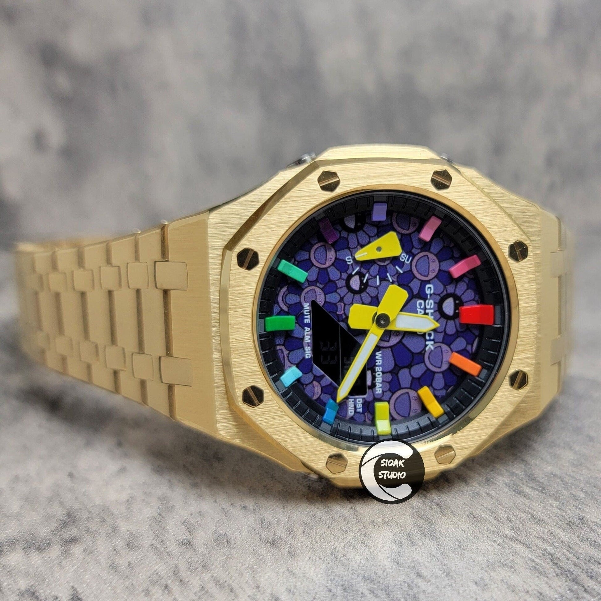 Casioak Mod Watch Gold Case Metal Strap Black Rainbow Time Mark Takashi Murakami Dial 44mm- Casioak Mod Casio G-Shock Royal Oak Custom Mens Luxury Watches Ga2100