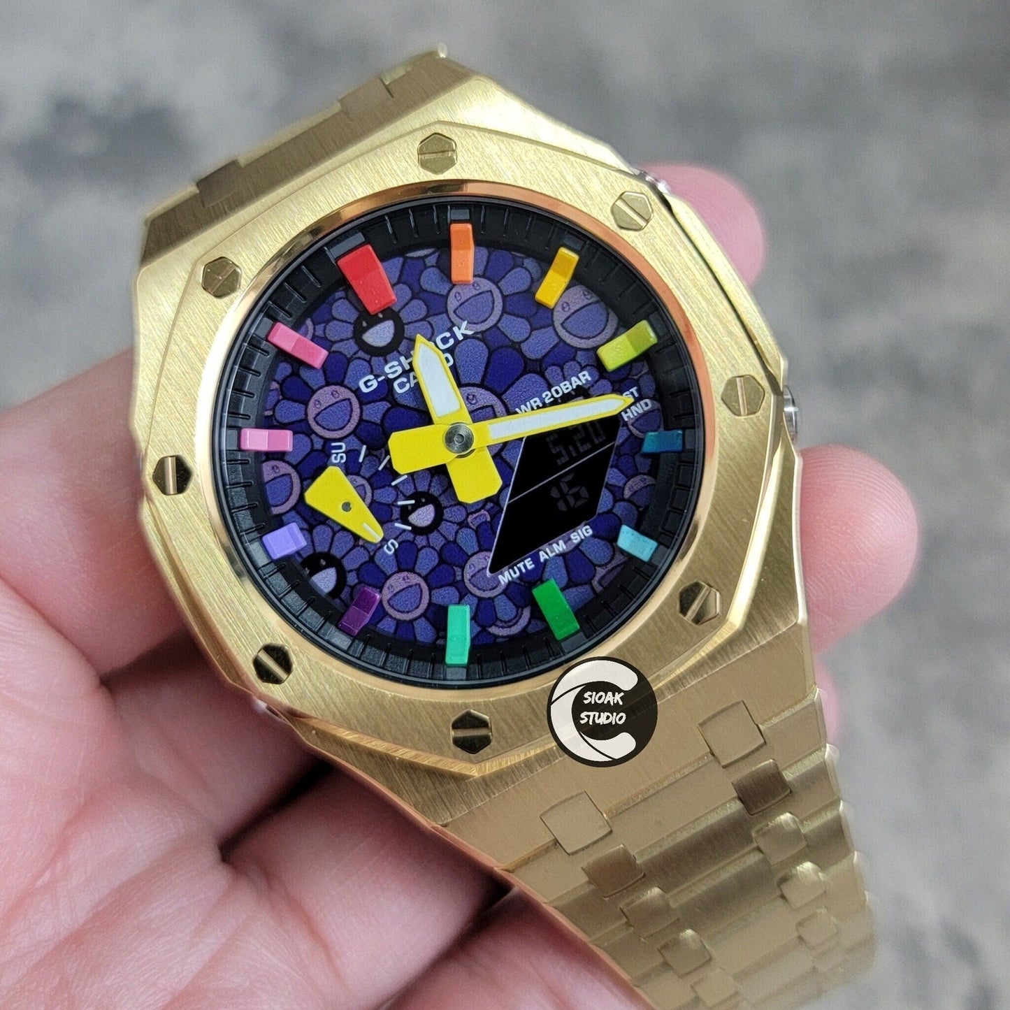 Casioak Mod Watch Gold Case Metal Strap Black Rainbow Time Mark Takashi Murakami Dial 44mm- Casioak Mod Casio G-Shock Royal Oak Custom Mens Luxury Watches Ga2100