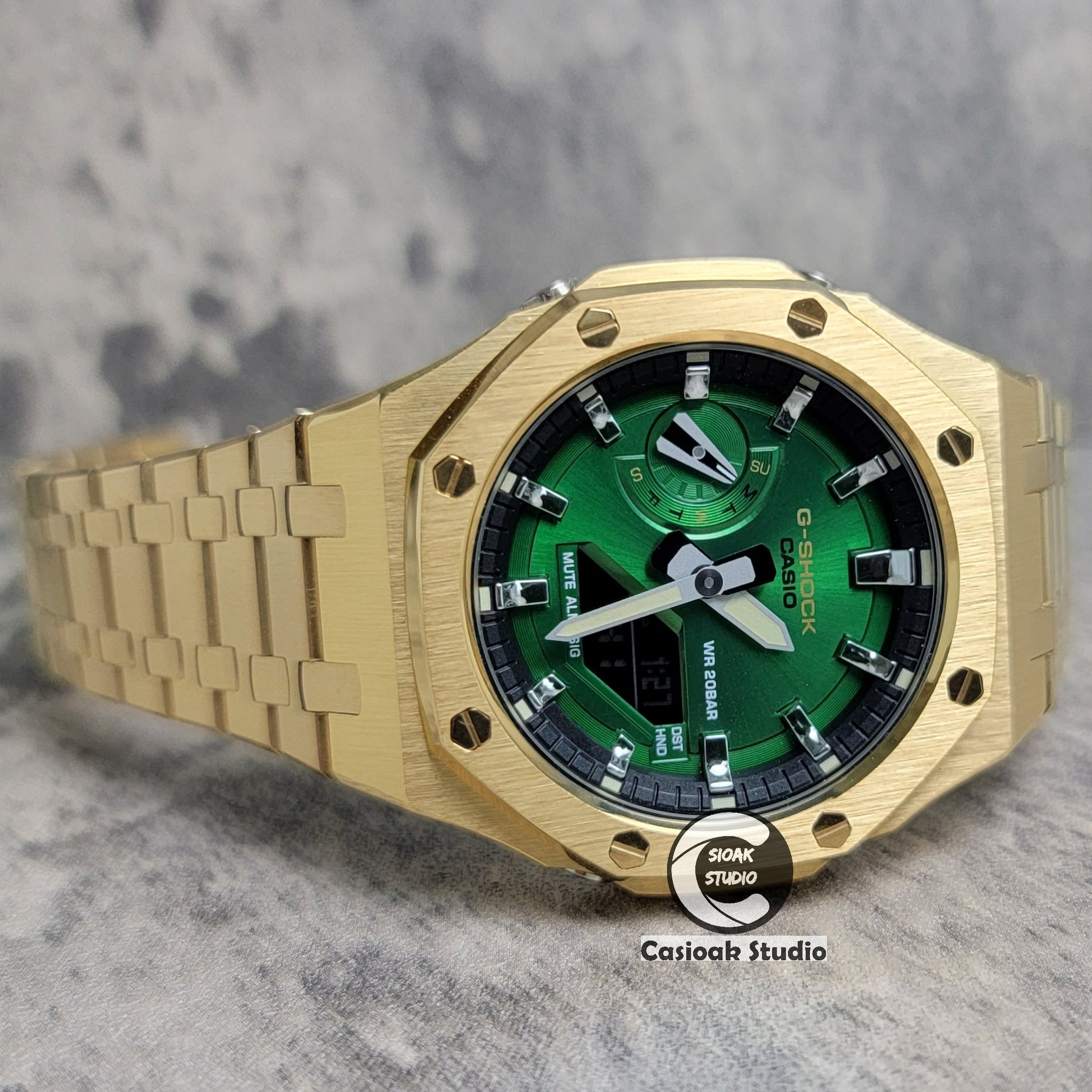 Casioak Mod Watch Gold Case Metal Strap Black Silver Time Mark Green Dial 44mm的副本- Casioak Mod Casio G-Shock Royal Oak Custom Mens Luxury Watches Ga2100