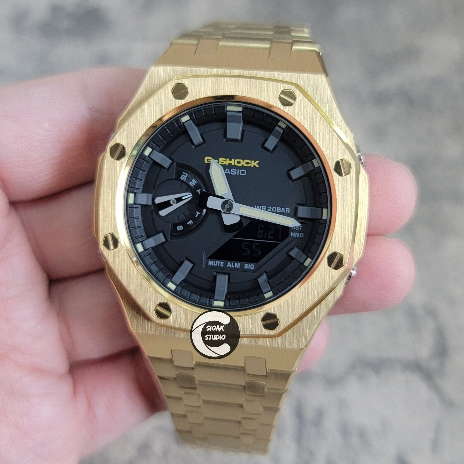 Casioak Mod Watch Gold Case Metal Strap Black Time Mark Black Dial 44mm- Casioak Mod Casio G-Shock Royal Oak Custom Mens Luxury Watches Ga2100