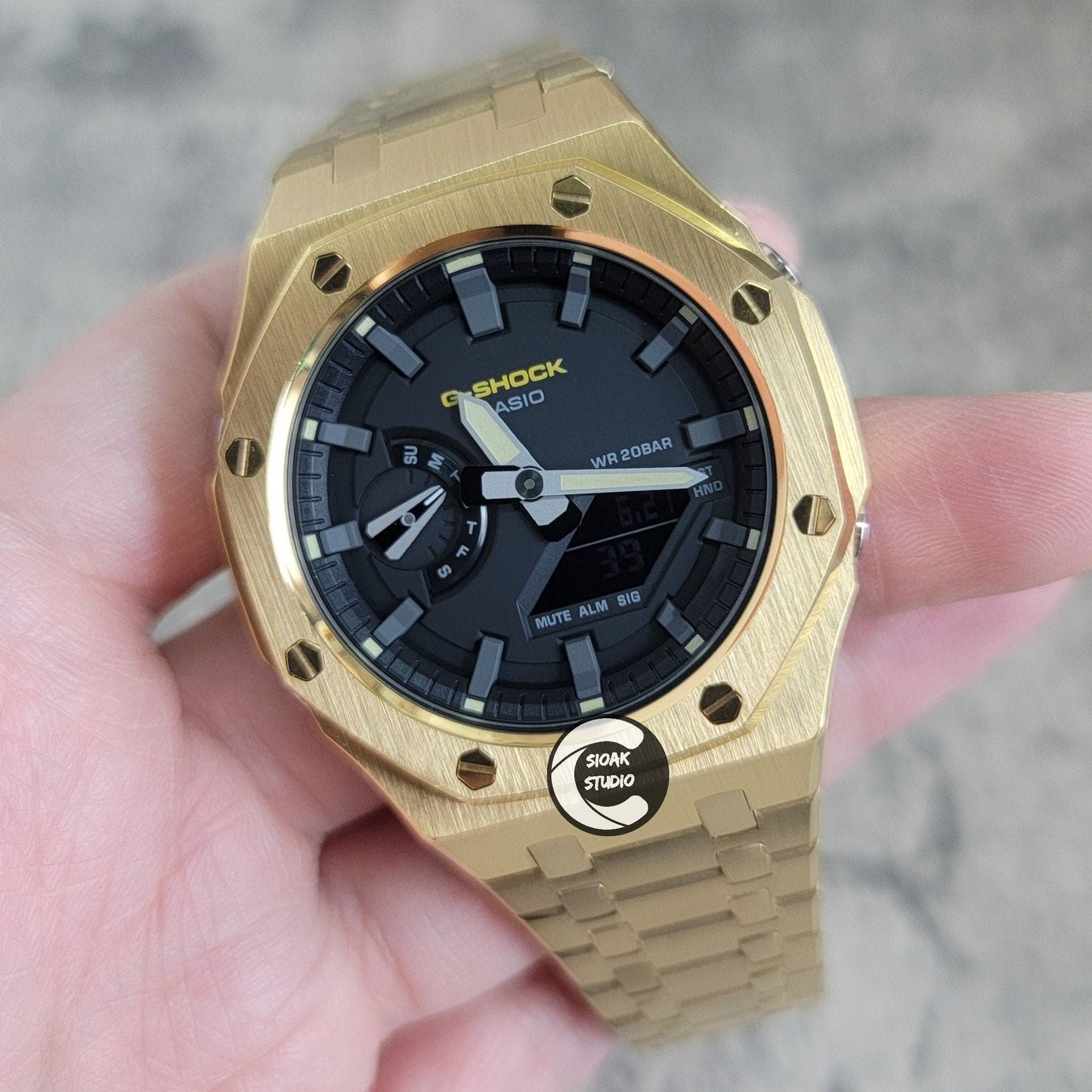 Casioak Mod Watch Gold Case Metal Strap Black Time Mark Black Dial 44mm- Casioak Mod Casio G-Shock Royal Oak Custom Mens Luxury Watches Ga2100