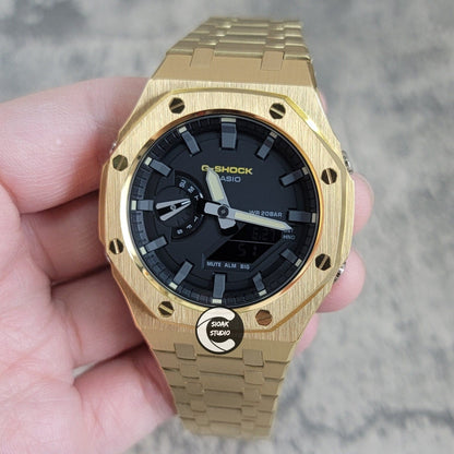 Casioak Mod Watch Gold Case Metal Strap Black Time Mark Black Dial 44mm- Casioak Mod Casio G-Shock Royal Oak Custom Mens Luxury Watches Ga2100