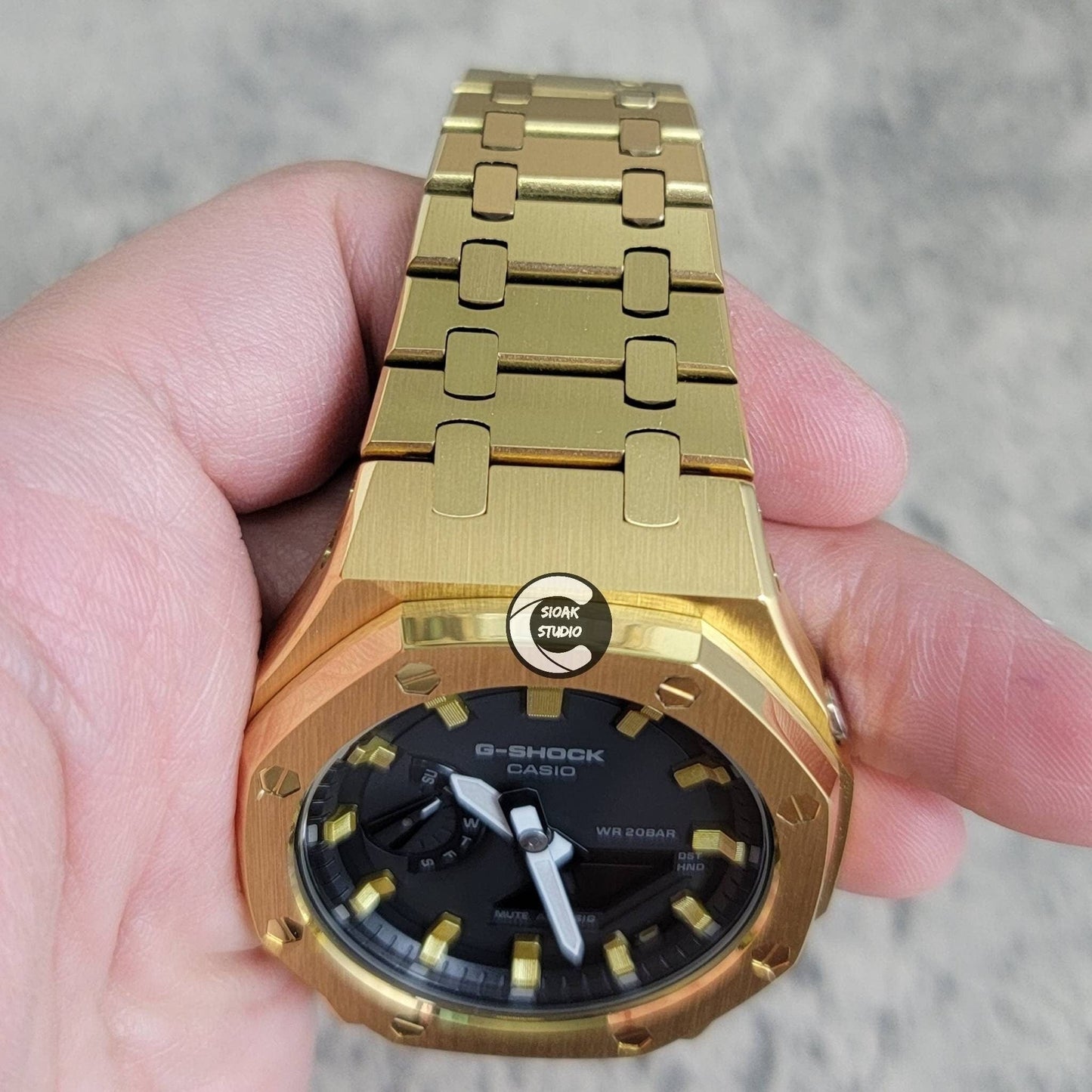 Casioak Mod Watch Gold Case Metal Strap Black Vertical Stripes Gold Time Mark Black Dial 44mm- Casioak Mod Casio G-Shock Royal Oak Custom Mens Luxury Watches Ga2100