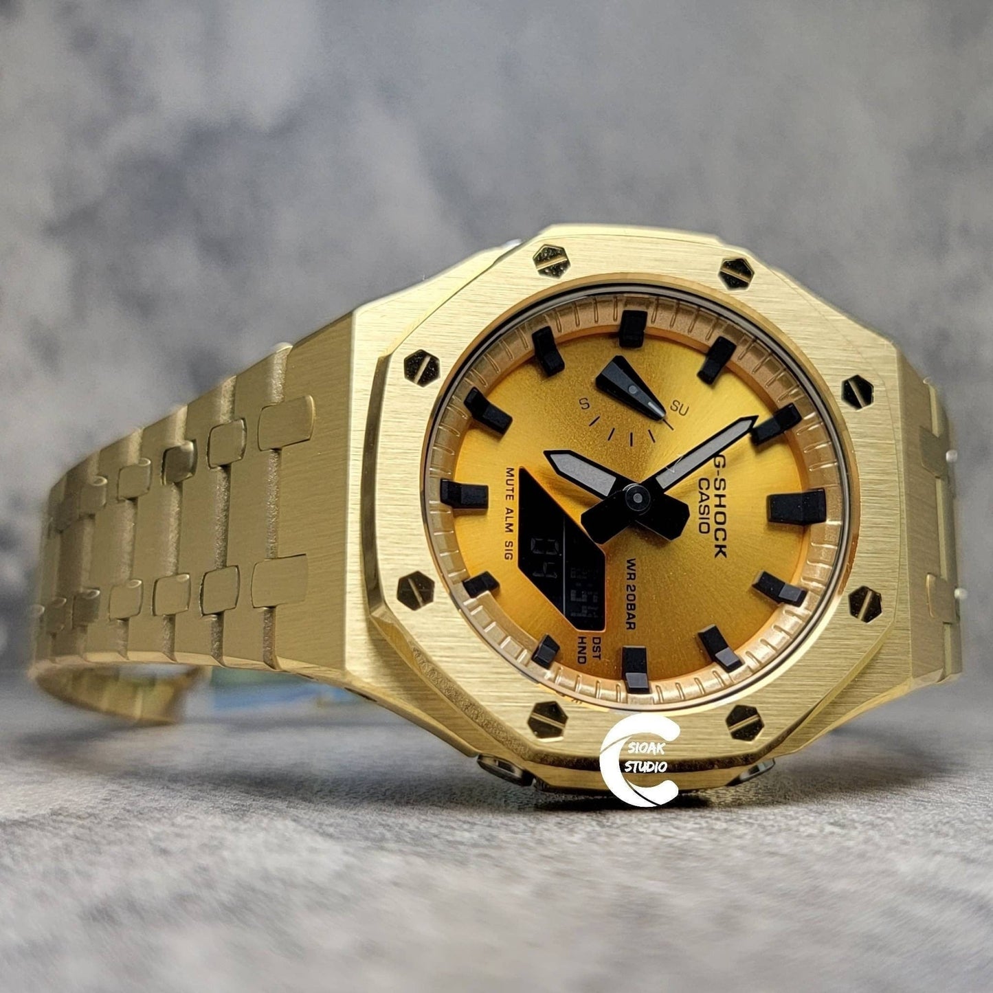 Casioak Mod Watch Gold Case Metal Strap Gold Black Time Mark Gold Dial 44mm- Casioak Mod Casio G-Shock Royal Oak Custom Mens Luxury Watches Ga2100