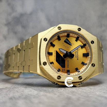 Casioak Mod Watch Gold Case Metal Strap Gold Black Time Mark Gold Dial 44mm- Casioak Mod Casio G-Shock Royal Oak Custom Mens Luxury Watches Ga2100