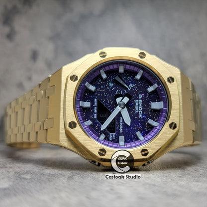 Casioak Mod Watch Gold Case Metal Strap Purple Silver Time Mark Purple Dial 44mm- Casioak Mod Casio G-Shock Royal Oak Custom Mens Luxury Watches Ga2100