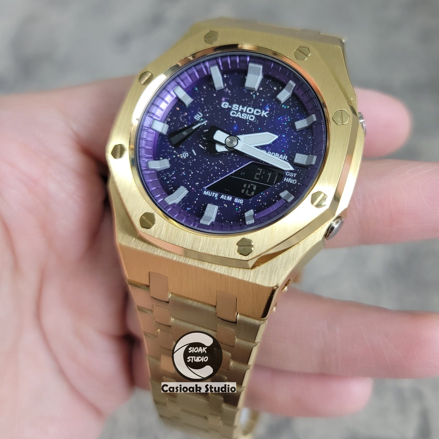 Casioak Mod Watch Gold Case Metal Strap Purple Silver Time Mark Purple Dial 44mm- Casioak Mod Casio G-Shock Royal Oak Custom Mens Luxury Watches Ga2100