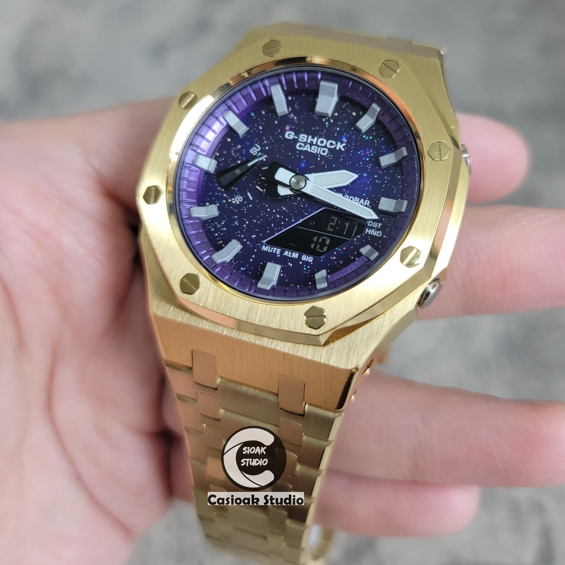 Casioak Mod Watch Gold Case Metal Strap Purple Silver Time Mark Purple Dial 44mm- Casioak Mod Casio G-Shock Royal Oak Custom Mens Luxury Watches Ga2100