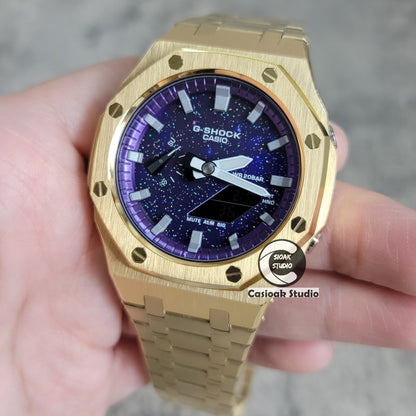 Casioak Mod Watch Gold Case Metal Strap Purple Silver Time Mark Purple Dial 44mm- Casioak Mod Casio G-Shock Royal Oak Custom Mens Luxury Watches Ga2100