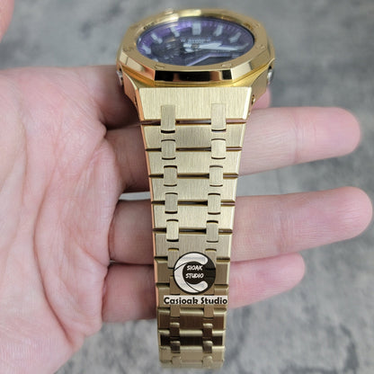 Casioak Mod Watch Gold Case Metal Strap Purple Silver Time Mark Purple Dial 44mm- Casioak Mod Casio G-Shock Royal Oak Custom Mens Luxury Watches Ga2100