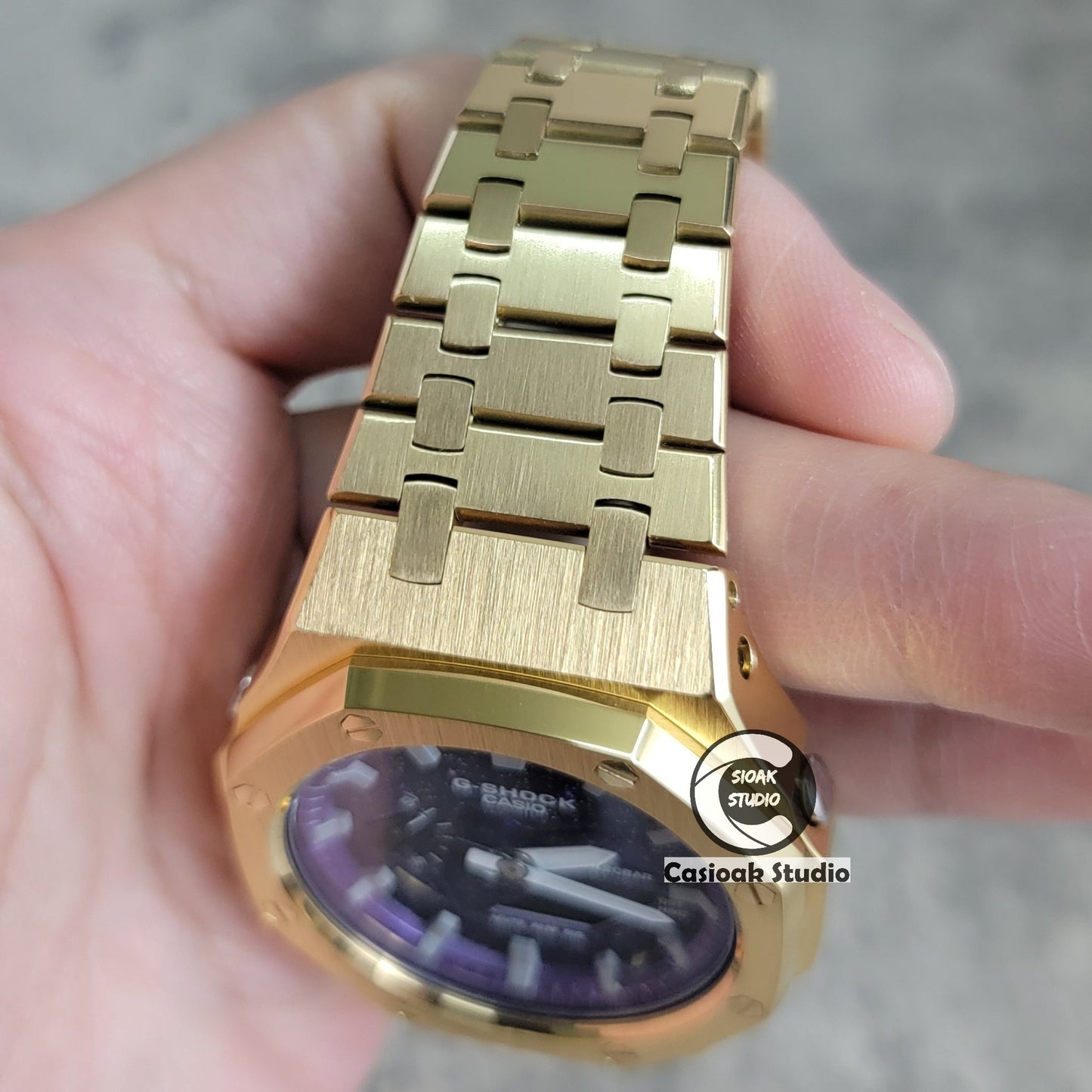 Casioak Mod Watch Gold Case Metal Strap Purple Silver Time Mark Purple Dial 44mm- Casioak Mod Casio G-Shock Royal Oak Custom Mens Luxury Watches Ga2100