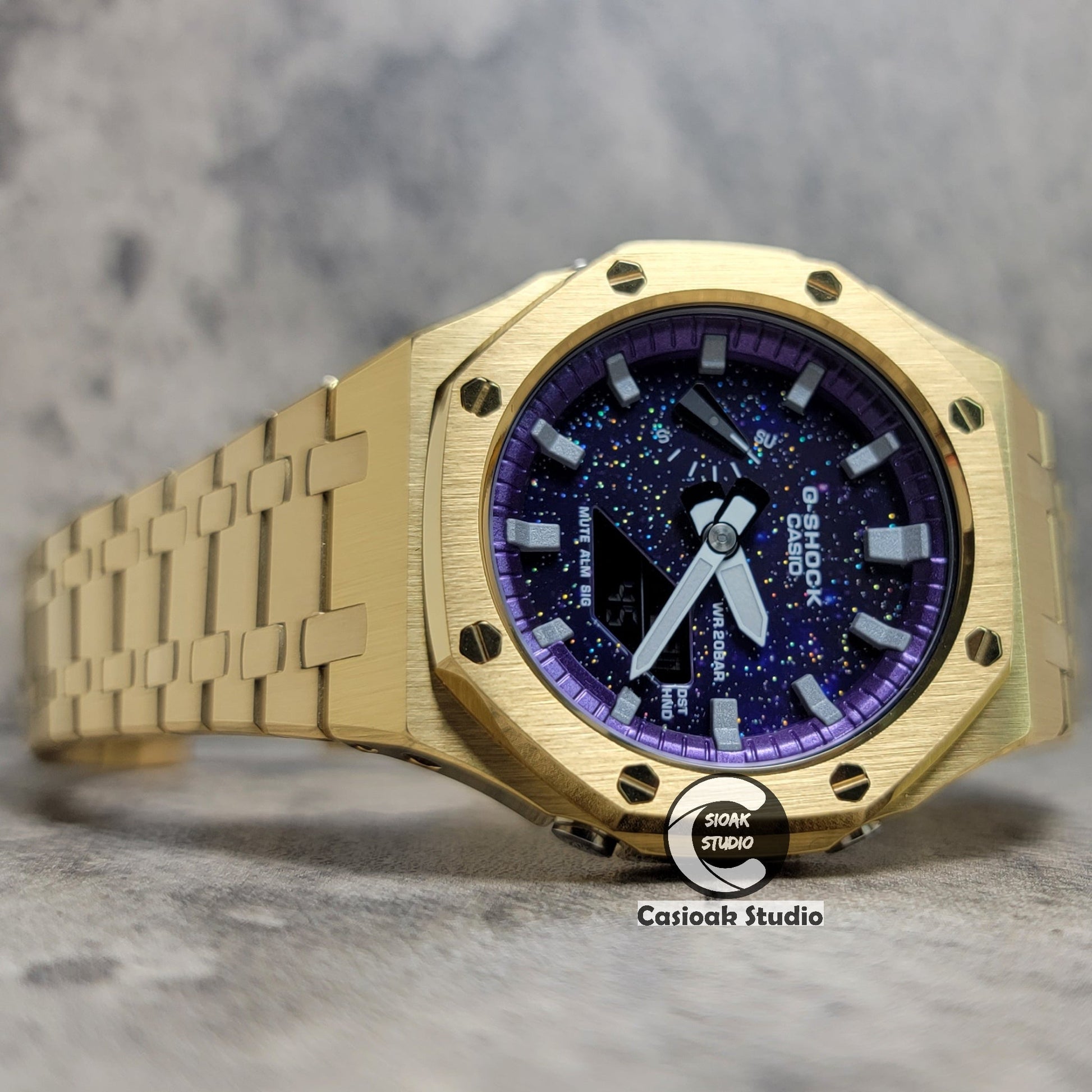 Casioak Mod Watch Gold Case Metal Strap Purple Silver Time Mark Purple Dial 44mm- Casioak Mod Casio G-Shock Royal Oak Custom Mens Luxury Watches Ga2100