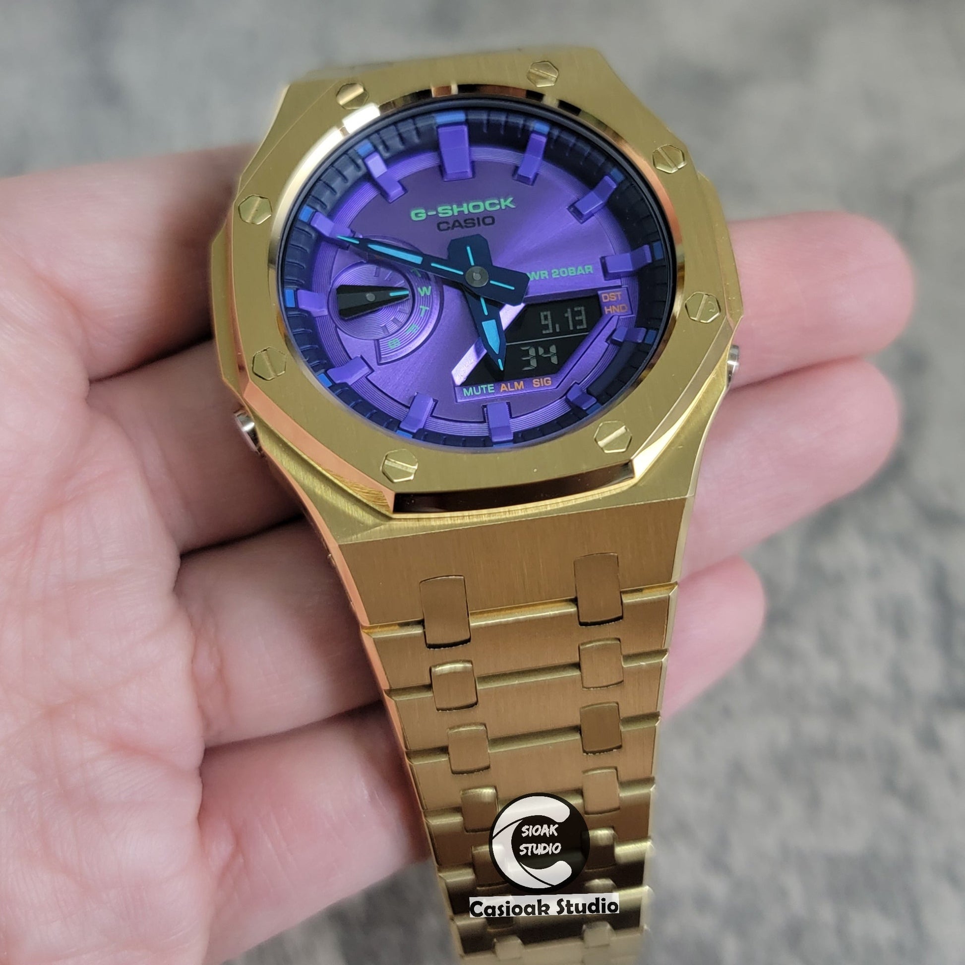 Casioak Mod Watch Gold Case Metal Strap Purple Time Mark Purple Dial 44mm- Casioak Mod Casio G-Shock Royal Oak Custom Mens Luxury Watches Ga2100