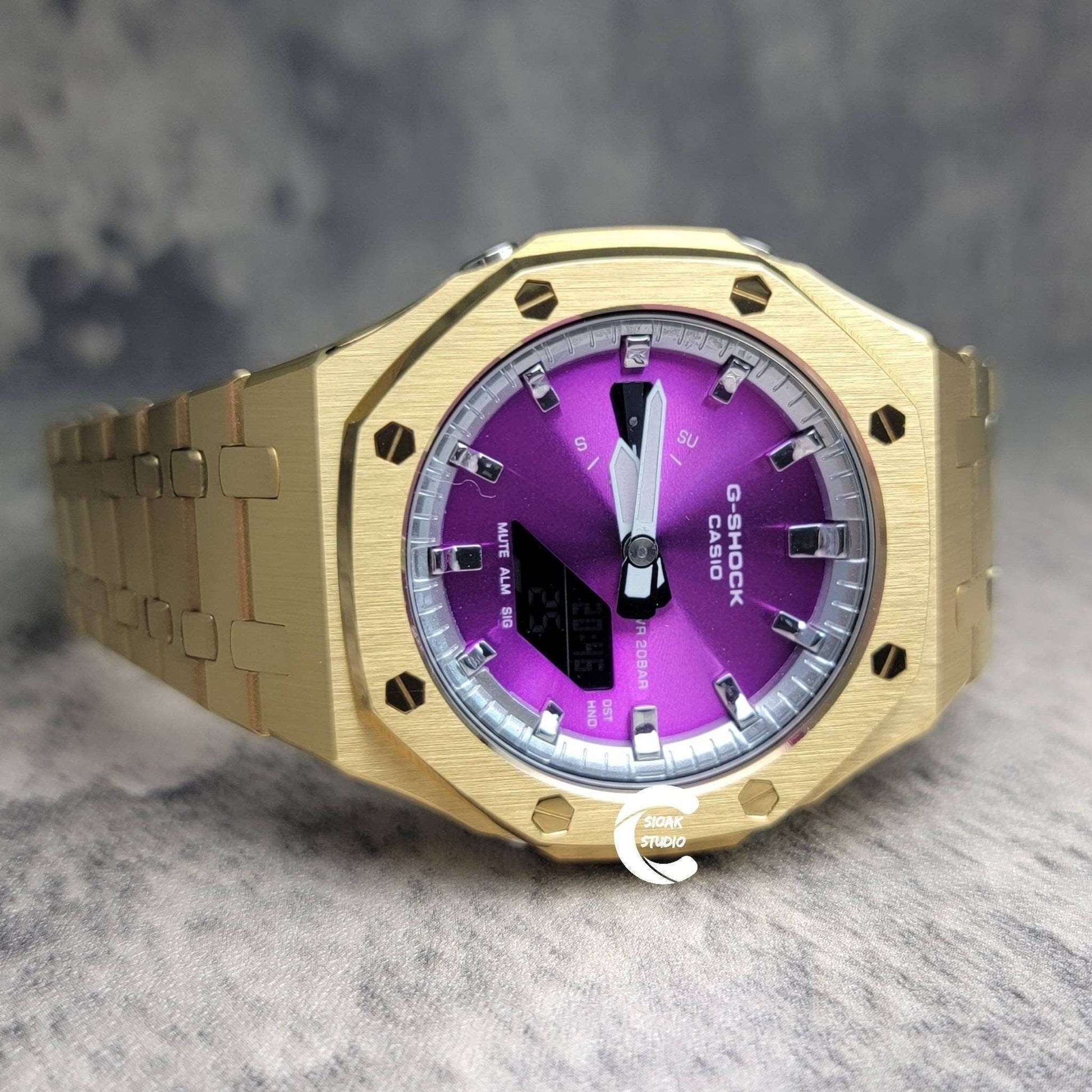 Casioak Mod Watch Gold Case Metal Strap Silver Time Mark Purple Dial 44mm- Casioak Mod Casio G-Shock Royal Oak Custom Mens Luxury Watches Ga2100