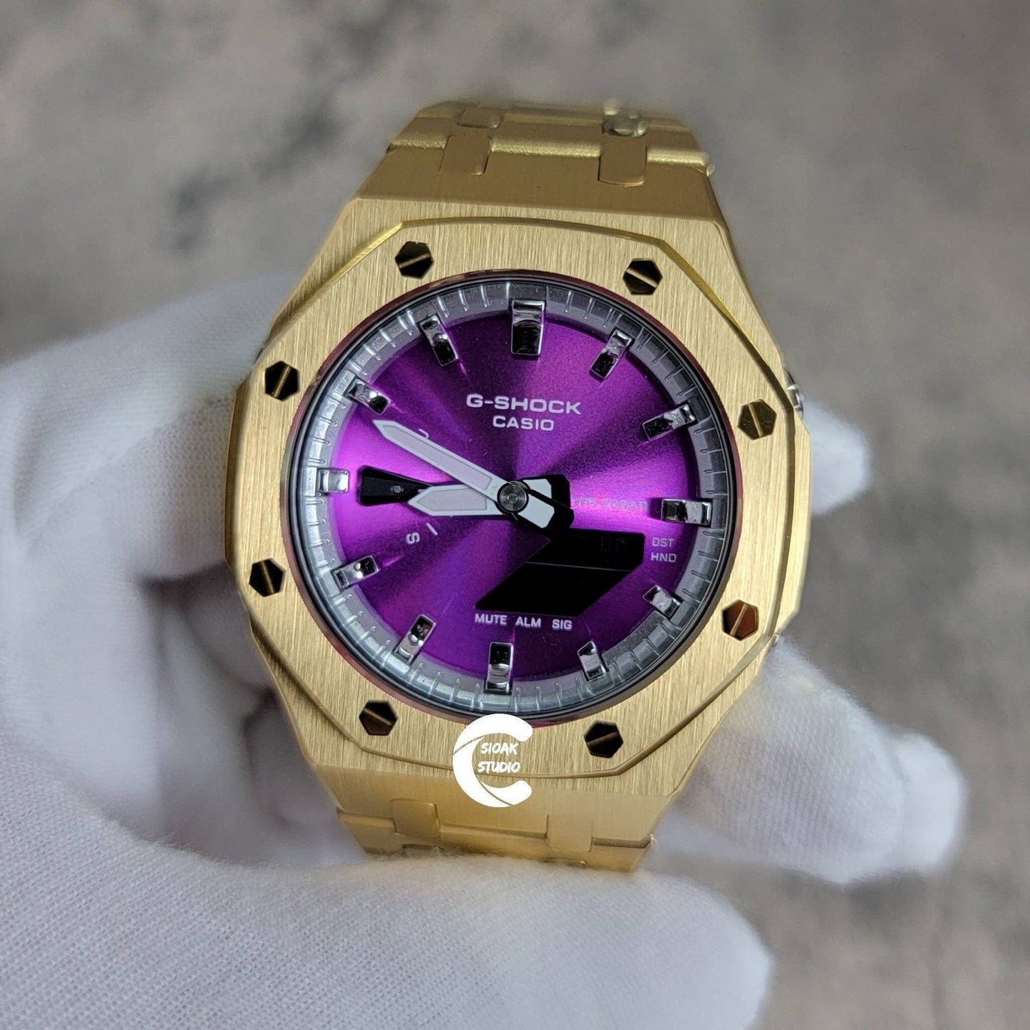 Casioak Mod Watch Gold Case Metal Strap Silver Time Mark Purple Dial 44mm- Casioak Mod Casio G-Shock Royal Oak Custom Mens Luxury Watches Ga2100