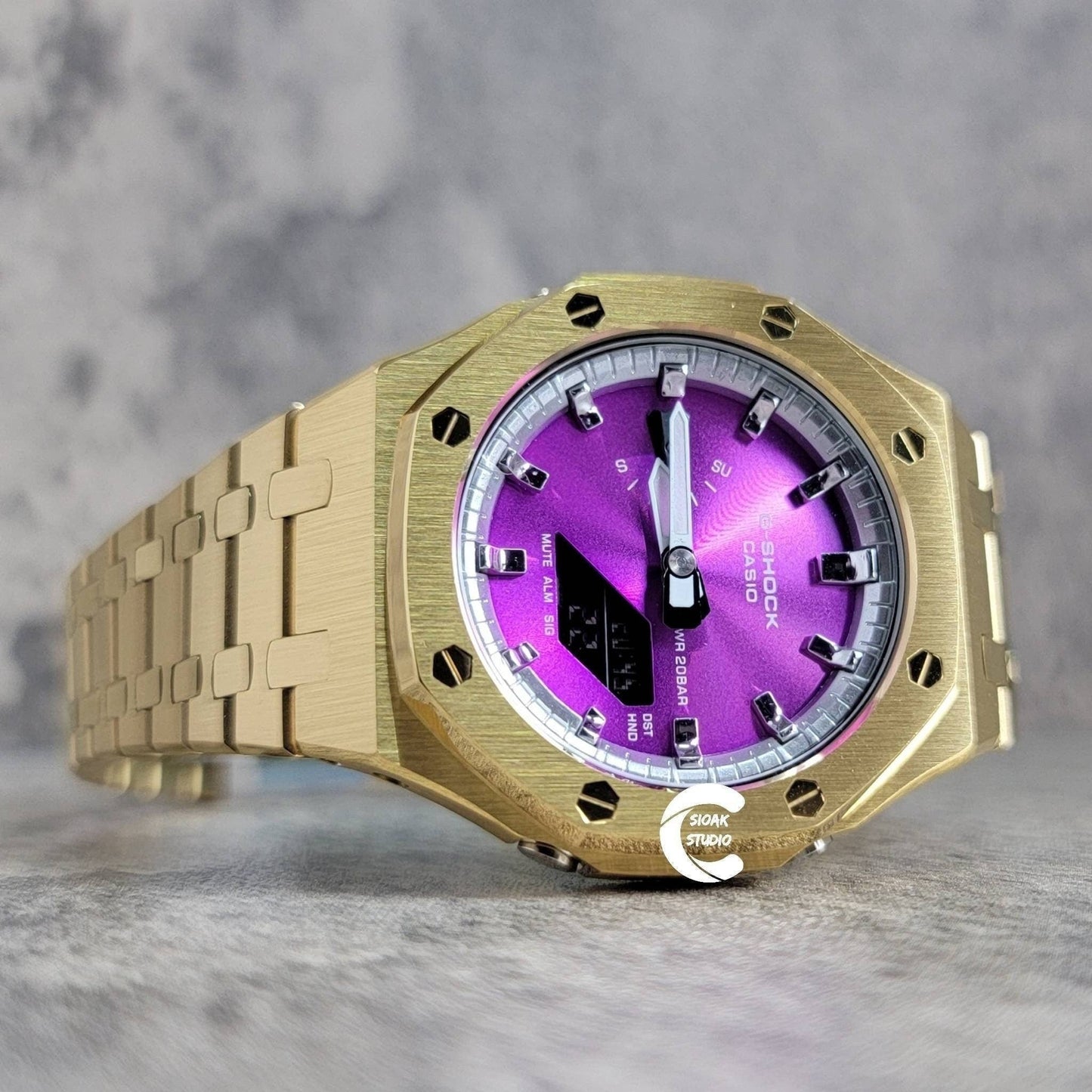 Casioak Mod Watch Gold Case Metal Strap Silver Time Mark Purple Dial 44mm- Casioak Mod Casio G-Shock Royal Oak Custom Mens Luxury Watches Ga2100