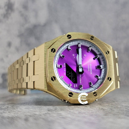 Casioak Mod Watch Gold Case Metal Strap Silver Time Mark Purple Dial 44mm- Casioak Mod Casio G-Shock Royal Oak Custom Mens Luxury Watches Ga2100