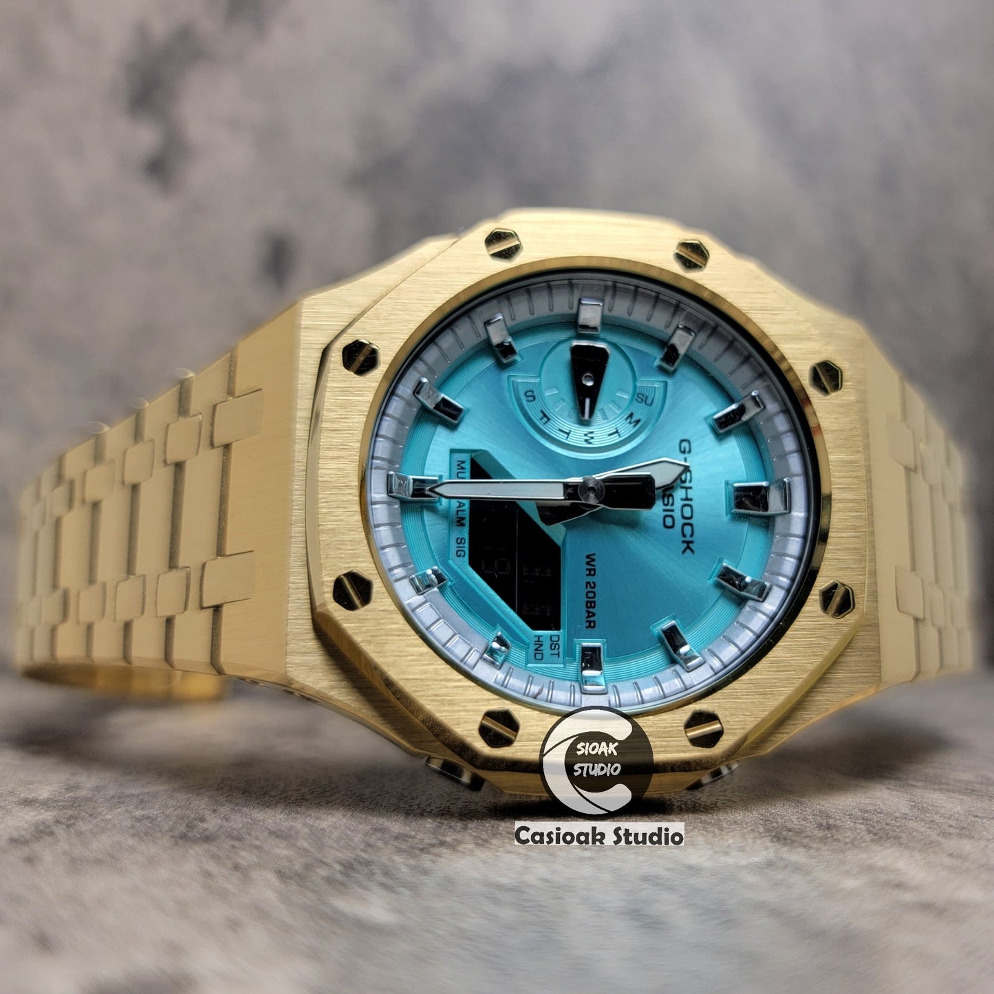 Casioak Mod Watch Gold Case Metal Strap Silver Time Mark Tiff Blue Dial 44mm- Casioak Mod Casio G-Shock Royal Oak Custom Mens Luxury Watches Ga2100